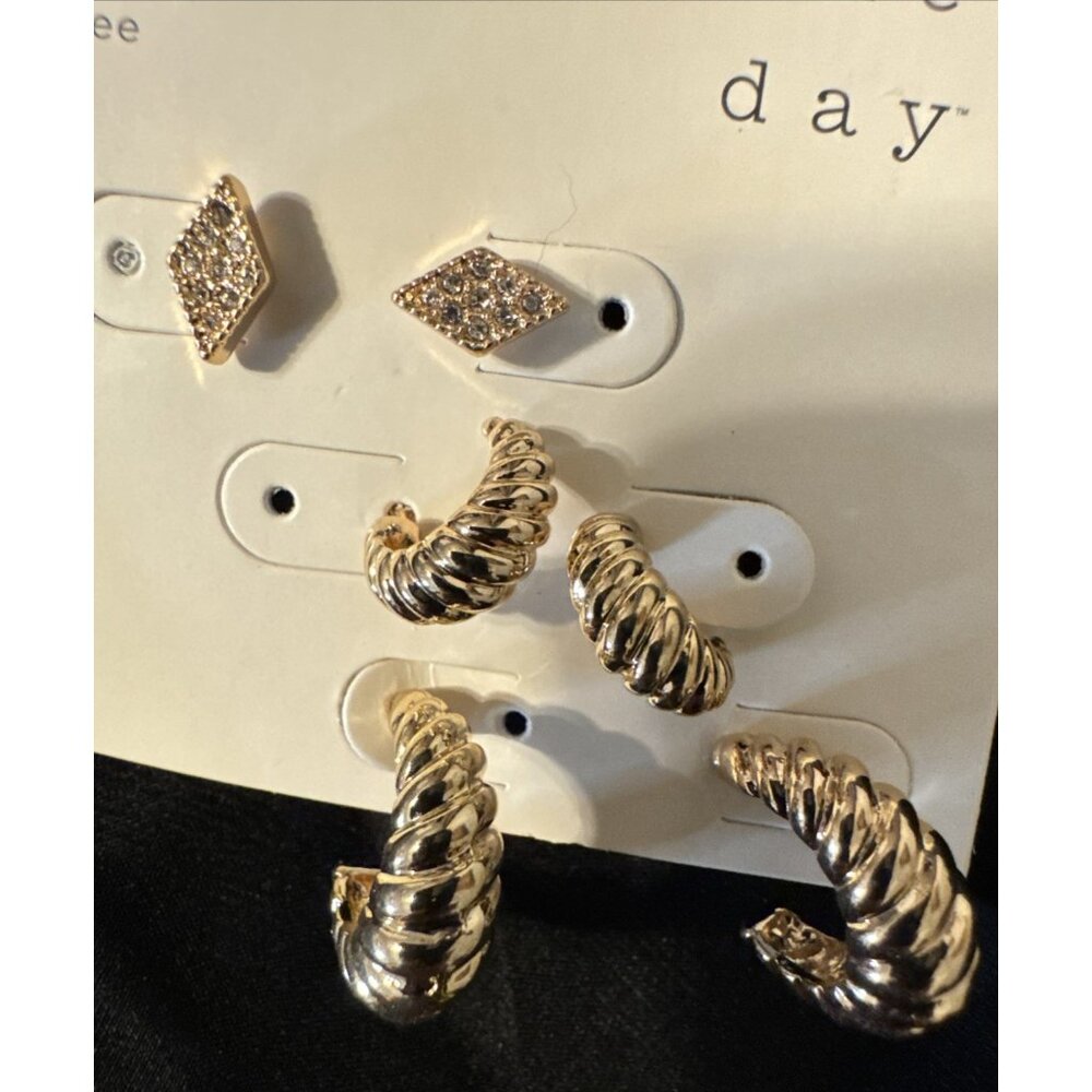 A New Day Nickel Free Gold Color Trio Hoop Huggie Earrings Crawler CZ NEW - Picture 2 of 6